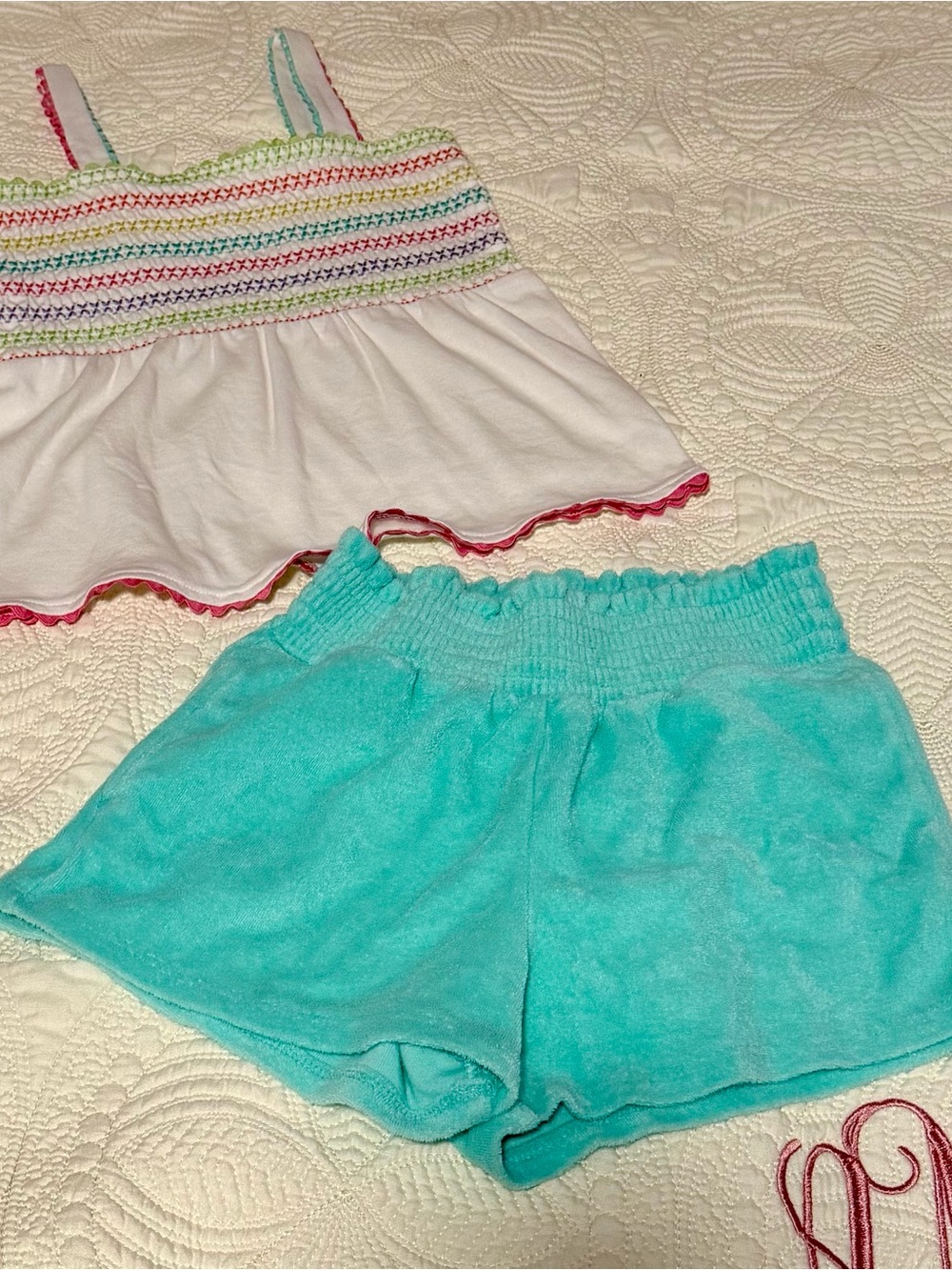 Gymboree White Smocked Tank with Aqua Terry Shorts Set